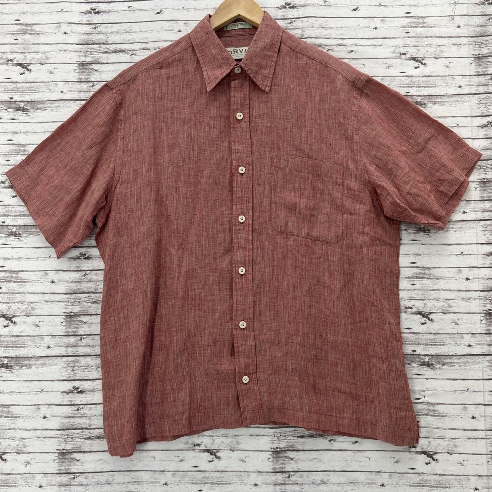 Orvis Men's Shirt Size L Red 100% Linen Short Sleeve Split Hem Button Up Camp